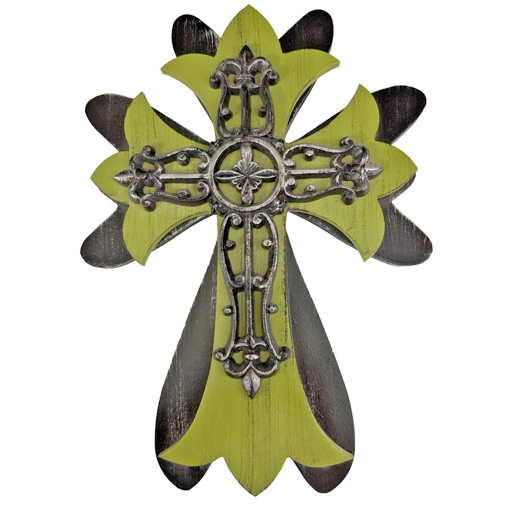 Rustic Wooden Cross with Metal Fleur De Lis Cross Overlay 16" Wall Decor - Picture 2 of 10